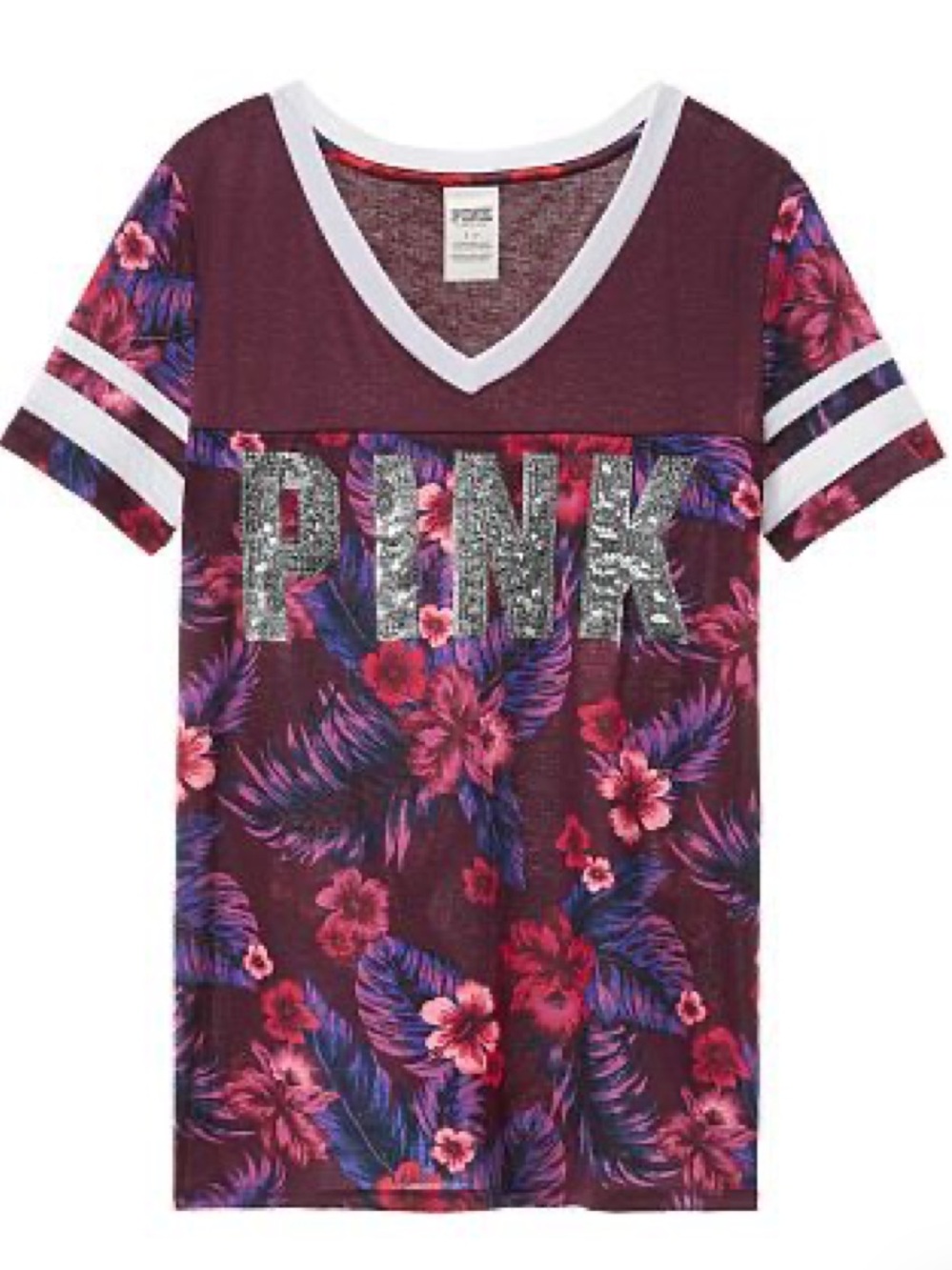 Victoria’s Secret PINK Tropical Floral Bling Logo Varsity Crew T-Shirt - Size XS